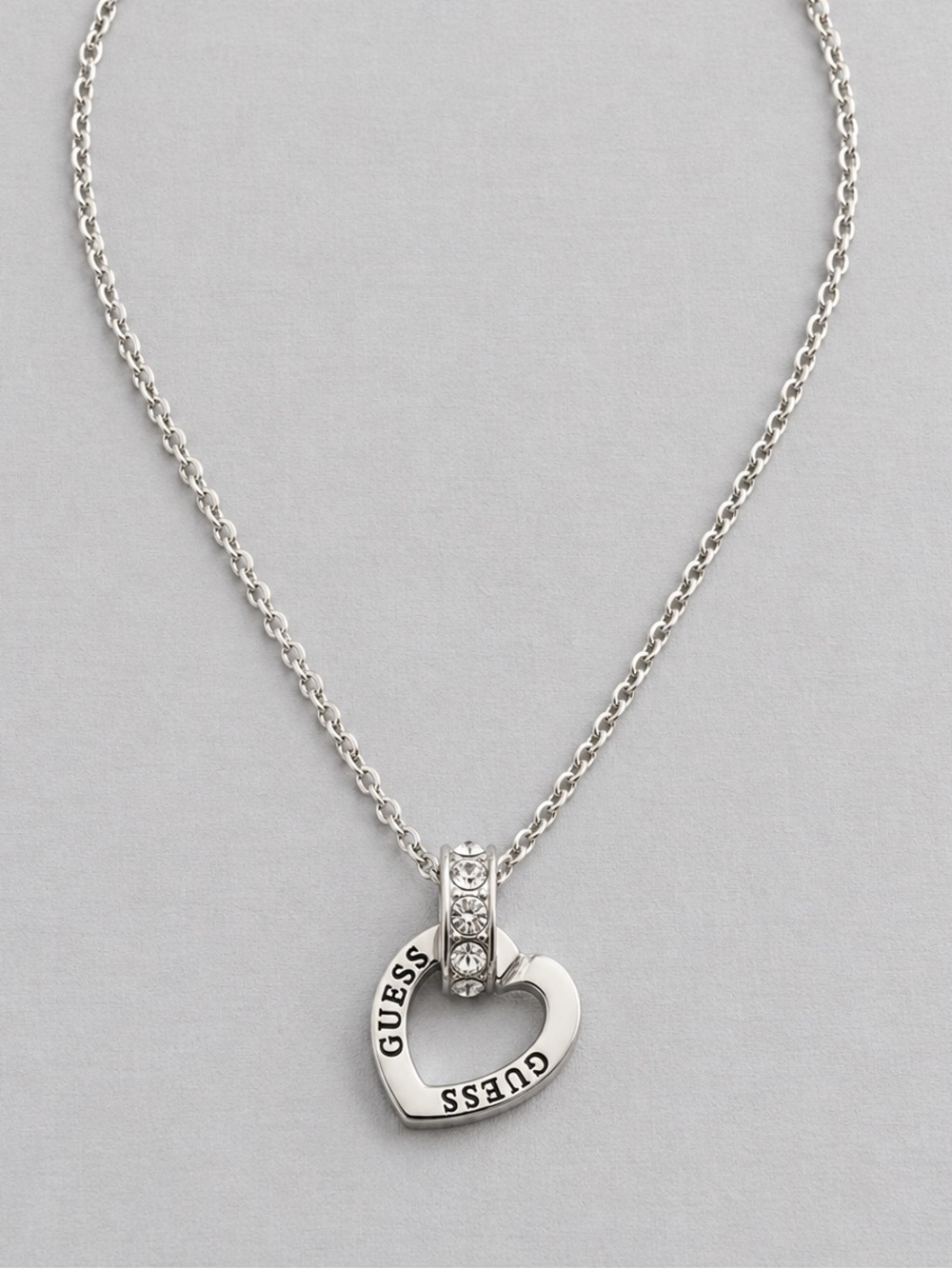 GUESS Silver Heart Charm Necklace with Crystal Accents